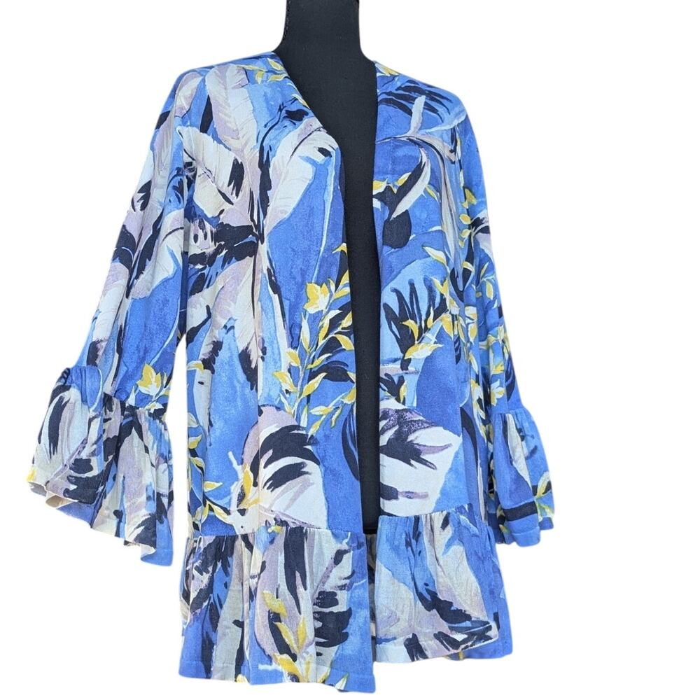 Linen Flare Sleeve Cardigan Size Large Tropical Beach Resortwear Breathable